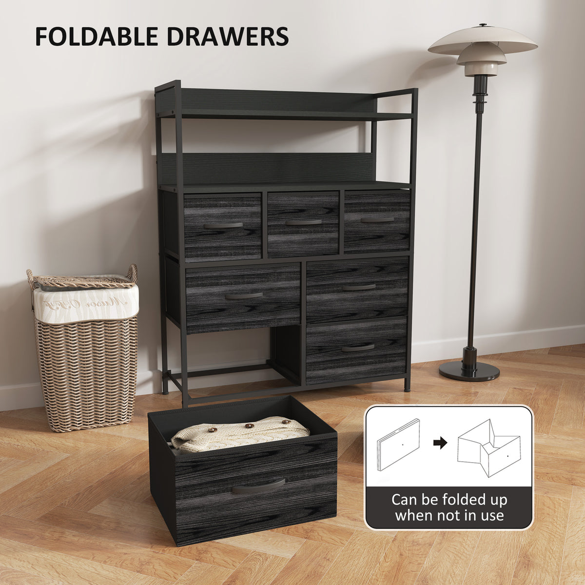 Rustic Chest of Seven Fabric Drawers - Black
