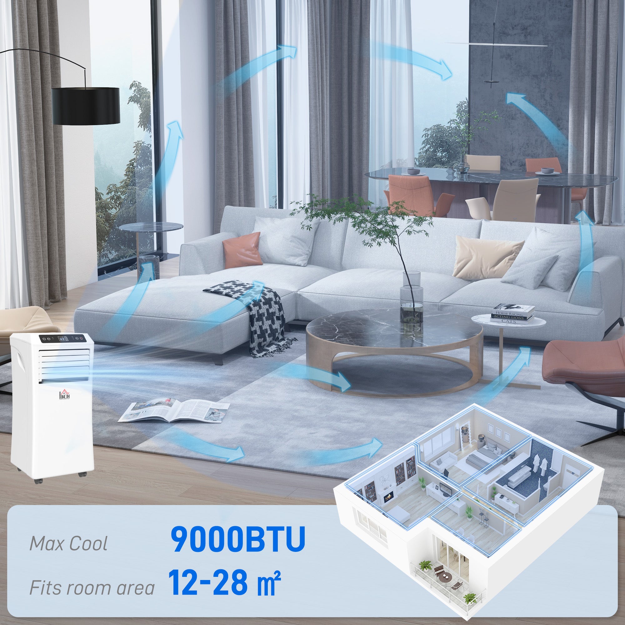 9000 BTU Air Conditioning Unit, 3-in-1 Portable Air Conditioner, Dehumidifier, Cooling Fan with Remote Control, Digital Display, 2 Speeds, 24H Timer, Window Venting Kit, 28m²