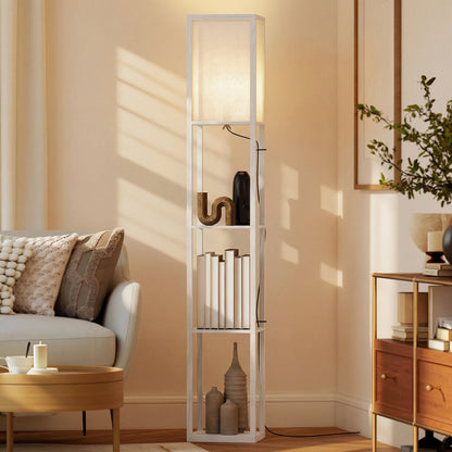 3-Tier Floor Lamp with Shelves and Storage, Modern Corner Standing Lamp with Lampshade, Reading Light with Foot Switch for Living Room, Bedroom, Home Office, Bulb not Included, White