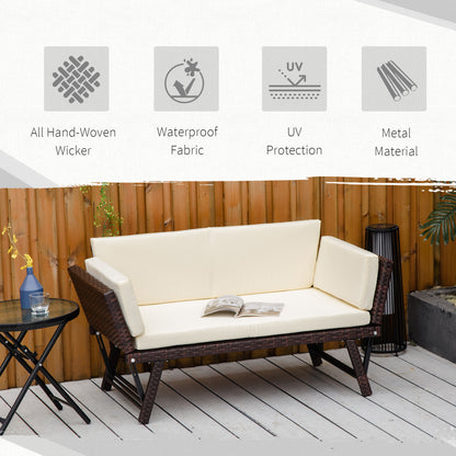 Outsunny 2-Seater 2-in-1 Rattan Convertible Sofa Daybed, Brown