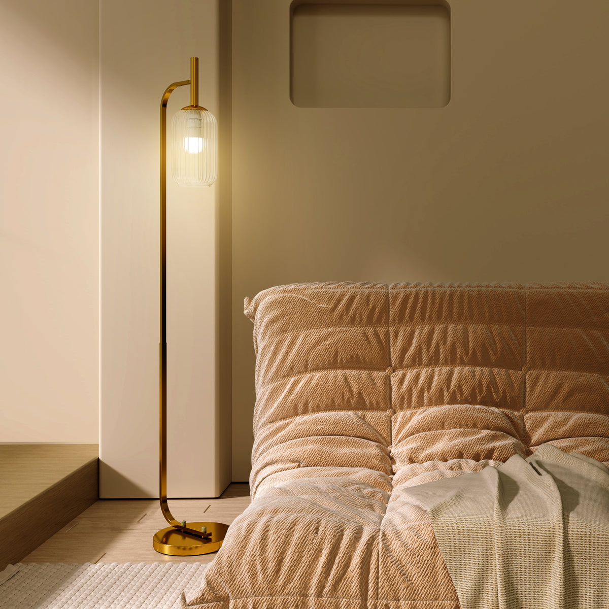 LED Floor Lamp for Living Room with Glass Lampshade, Modern Standing Lamp with Foot Switch, Adjustable Brightness, 2700K for Bedroom, Gold Tone