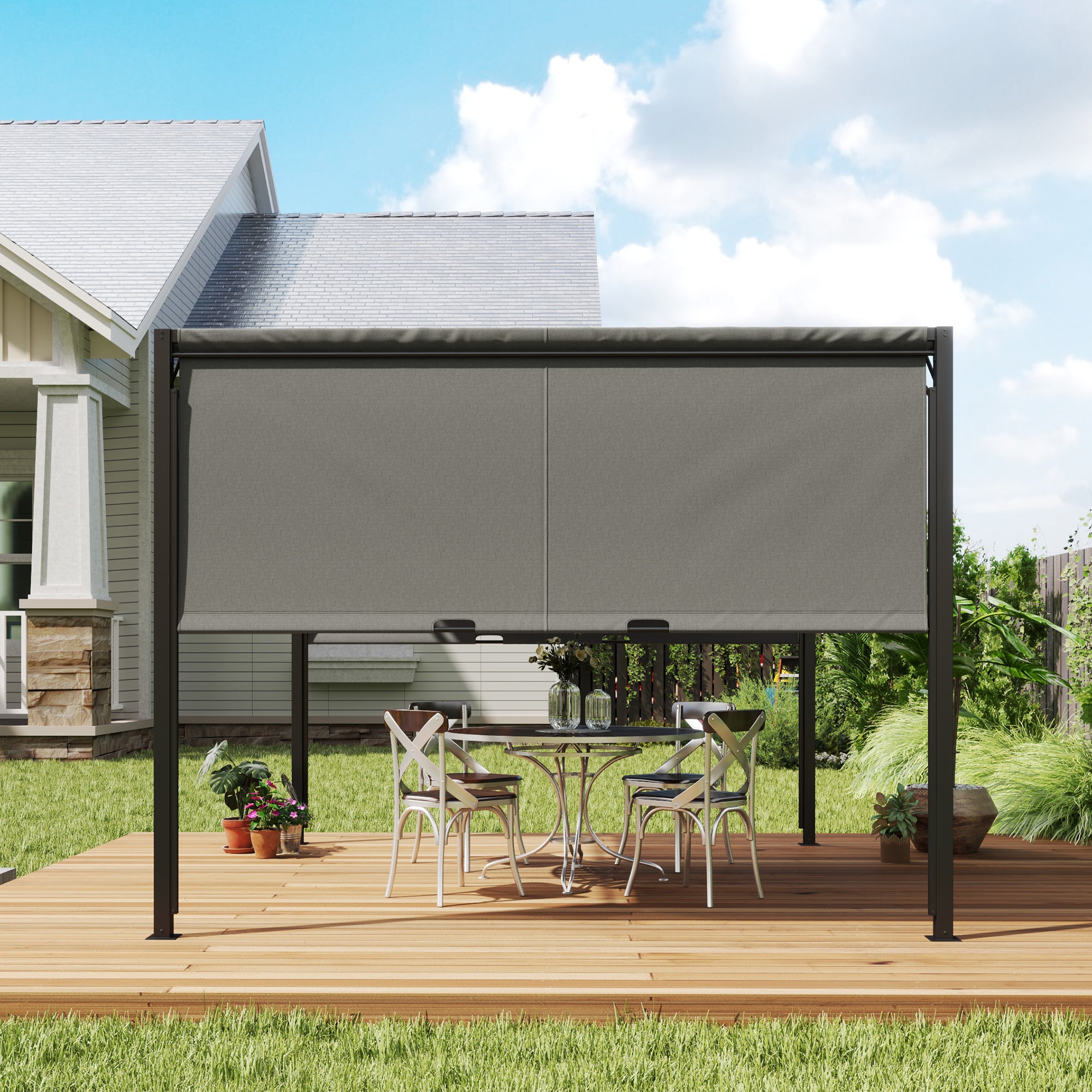 Outsunny 3 X 3 Meters Pergola with Sliding Roof, Garden Gazebo with Adjustable Sun Shade Canopy and Steel Frame, Charcoal Grey