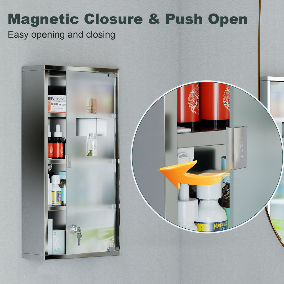 4 Tier Stainless Steel Wall Mounted Medicine Cabinet Glass Lockable Door Storage Shelves Houseware Bathroom Furniture 60Hx30Wx12D(cm) w/2 Keys