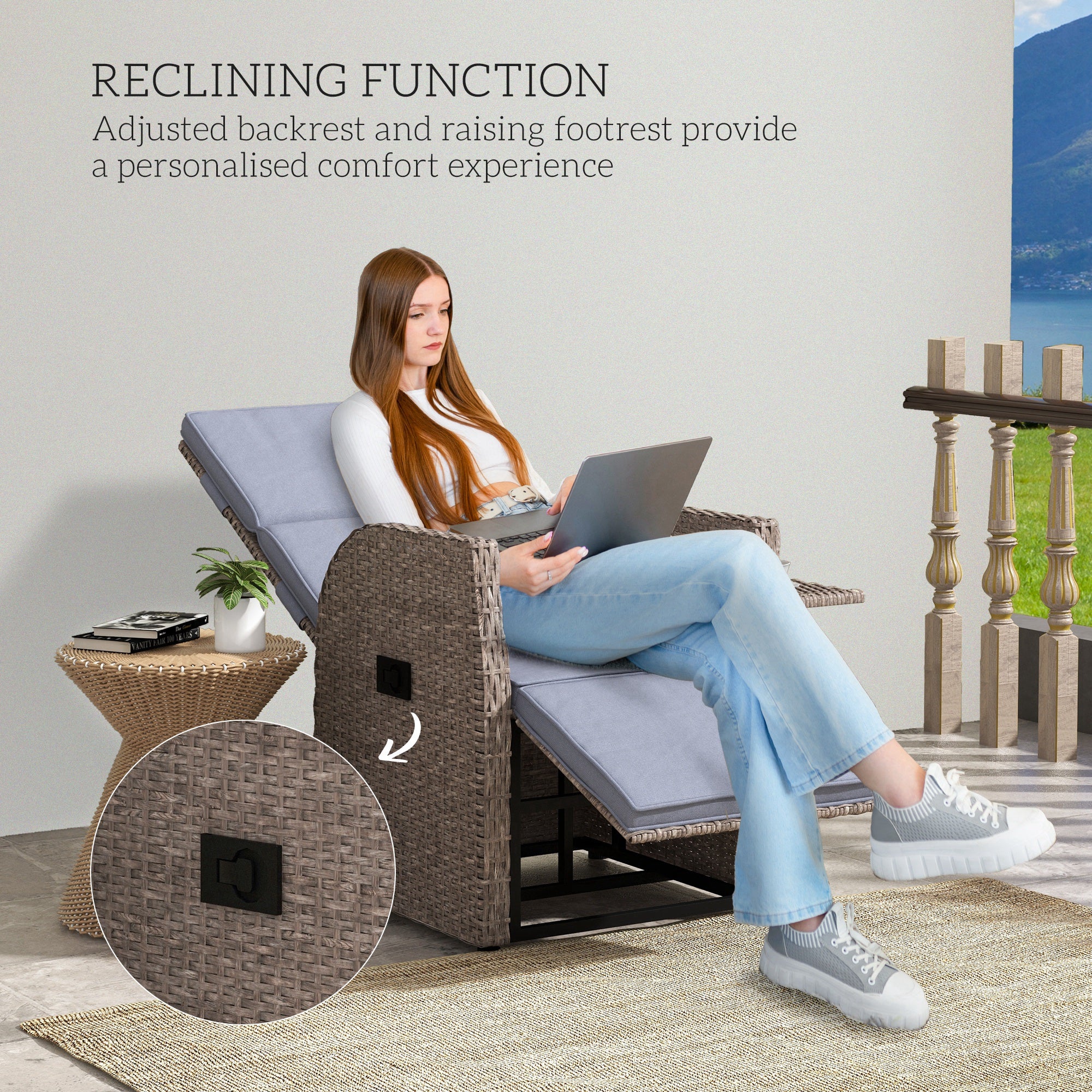 Outsunny 148° Reclining Rattan Garden Armchair, with Footrest - Brown/Grey