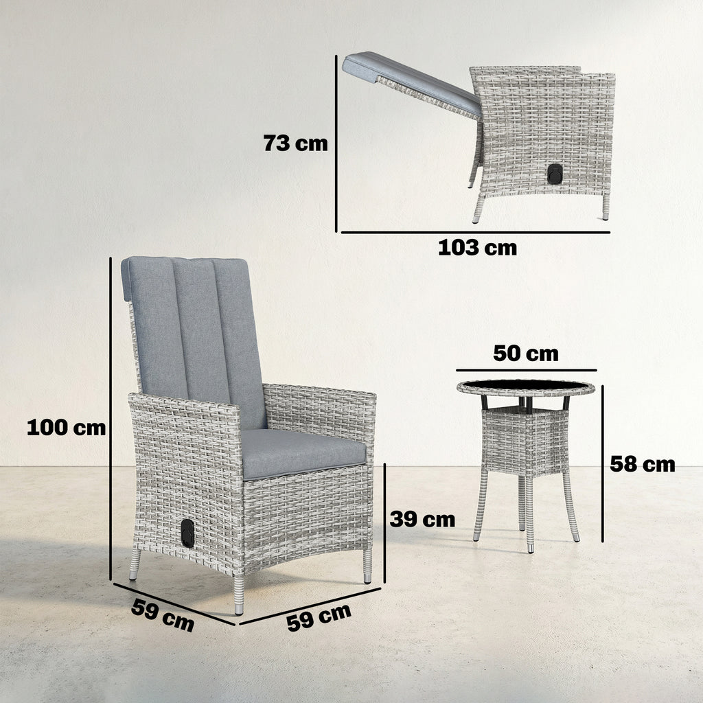 Outsunny Rattan Bistro Set, Reclining Garden Chairs and Glass Coffee Table with Cushions for Patio Balcony Porch, Light Grey
