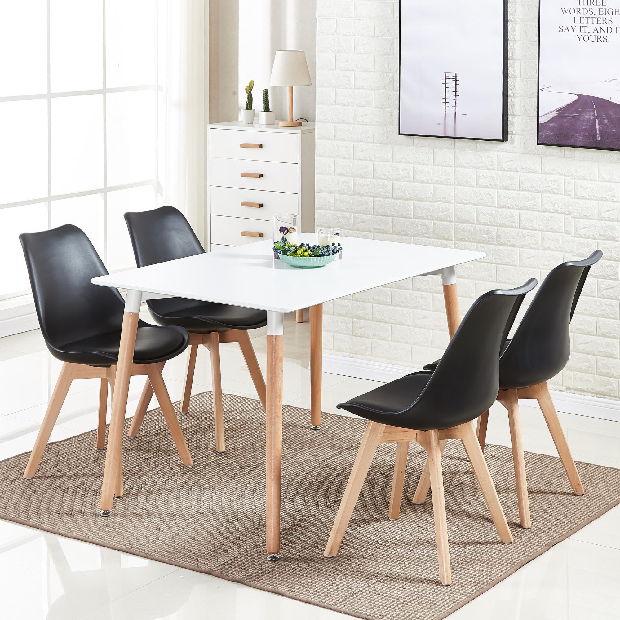 5PCs Dining Set - White Halo Dining Table & Set of 4 Lorenzo Tulip Dining Chairs