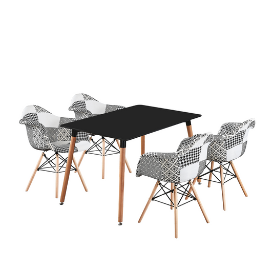 Black Halo Dining Table & Set of 4 Black/White Patchwork Accent Chairs