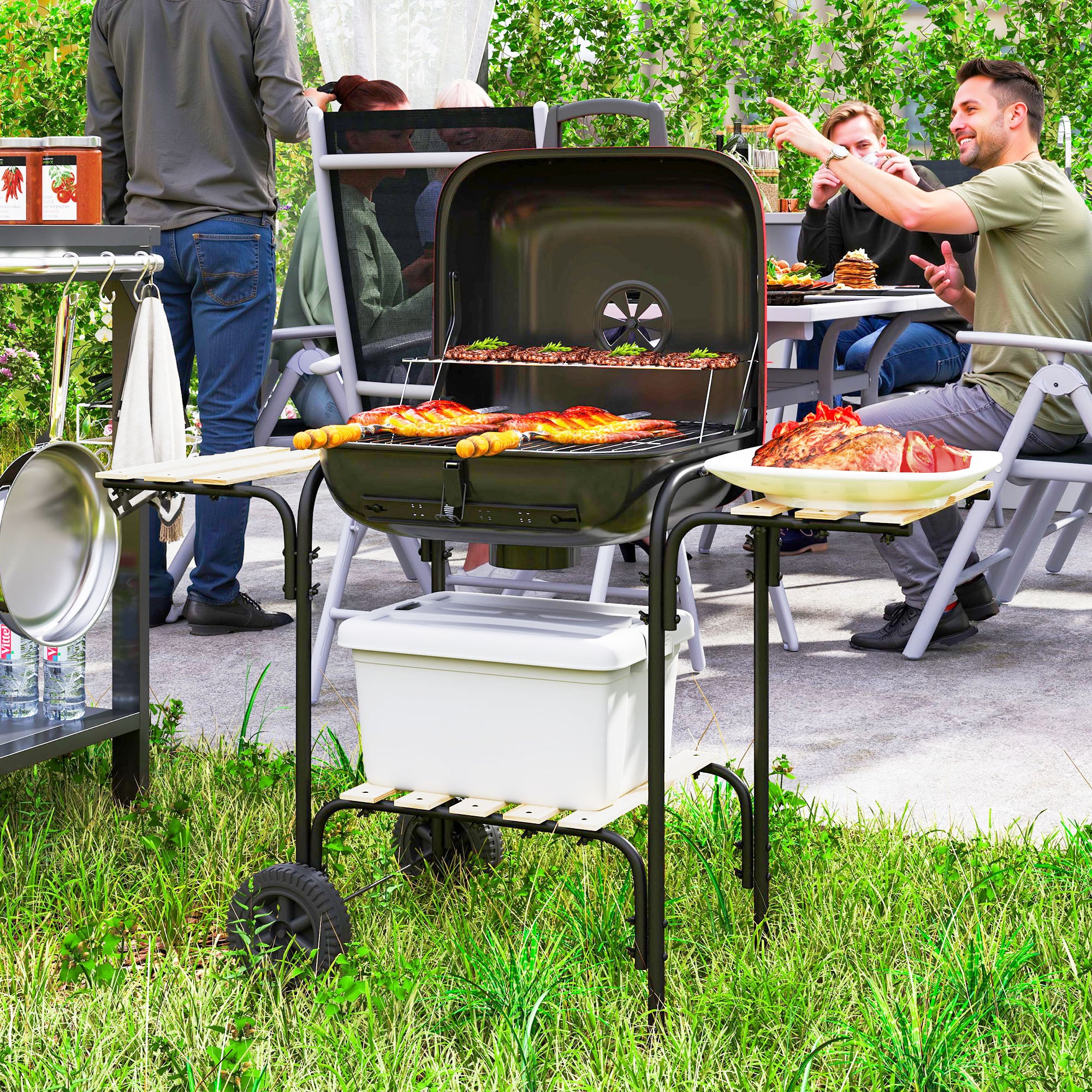 Outsunny Charcoal Barbecue Grill Portable BBQ Grill with 1840 cm² Cooking Area, 3 Shelves, Adjustable Vent, Lockable Lid, Wheels for Outdoor Cooking, Garden Party, Red