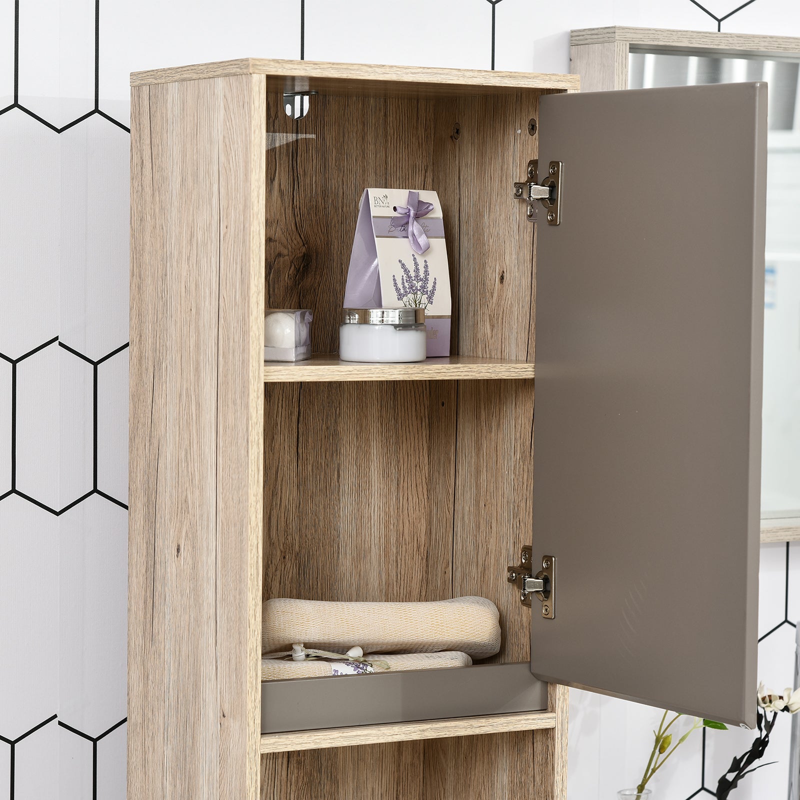 HOMCOM Narrow Bathroom Cabinet, Slim Bathroom Storage Unit with Open Compartment, Freestanding Storage Cupboard with Adjustable Shelves for Small Spaces, 30 x 24 x 170 cm, Grey and Oak
