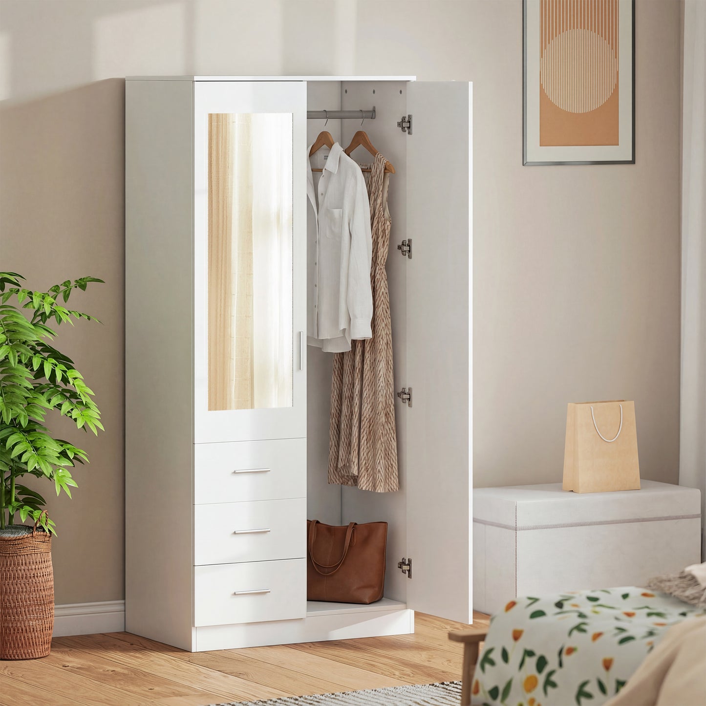 2 Door 3 Drawer Mirrored Wardrobe with Hanging Rail, Modern Clothes Storage Cupboard with Mirror, Drawers and Adjustable Shelves for Bedroom, 80 x 50 x 180 cm, White