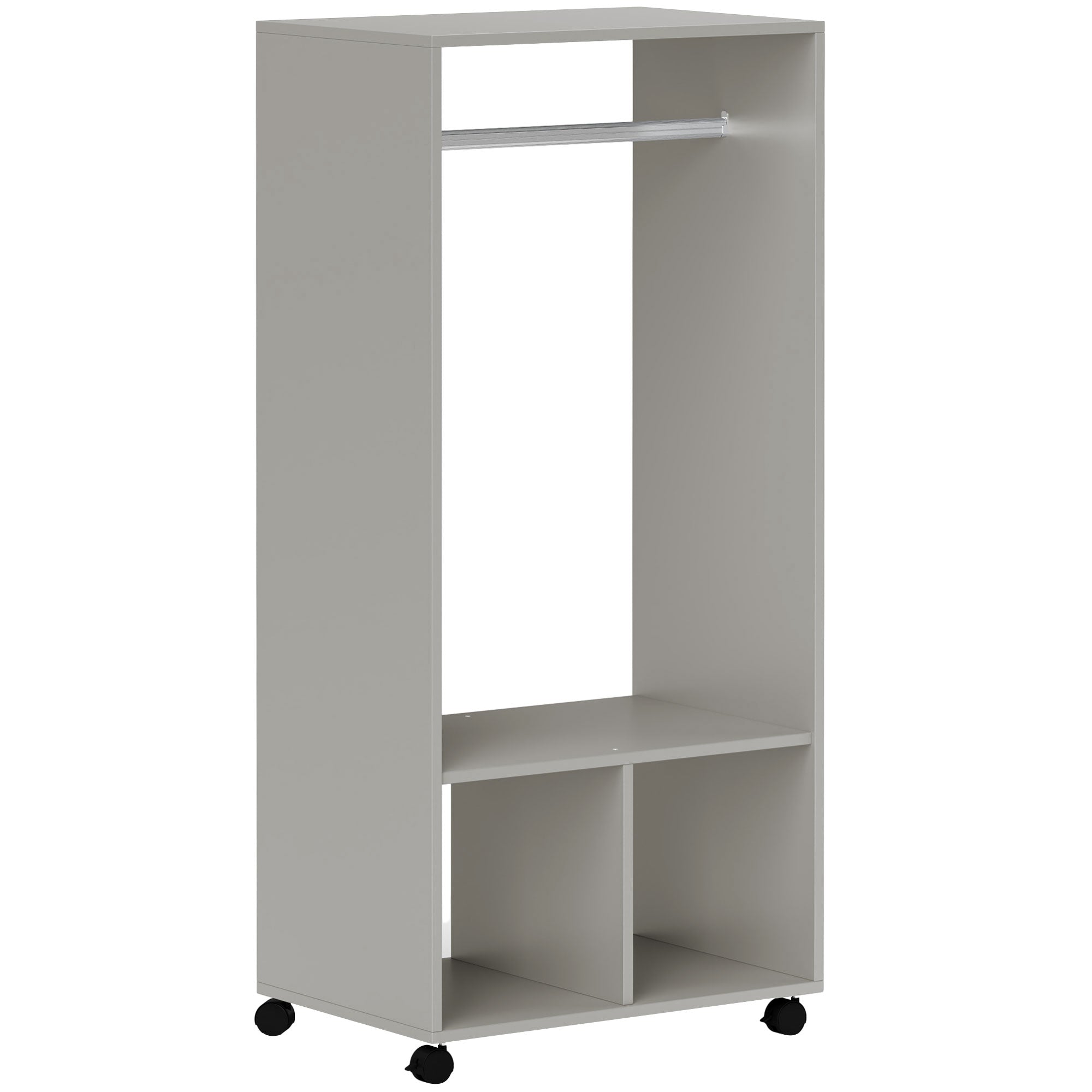 Open Wardrobe on Wheels, Bedroom Wardrobe with Clothes Hanging Rail, 2 Storage Shelves, Mobile Garment Rack for Cloakroom, Hallway, Grey
