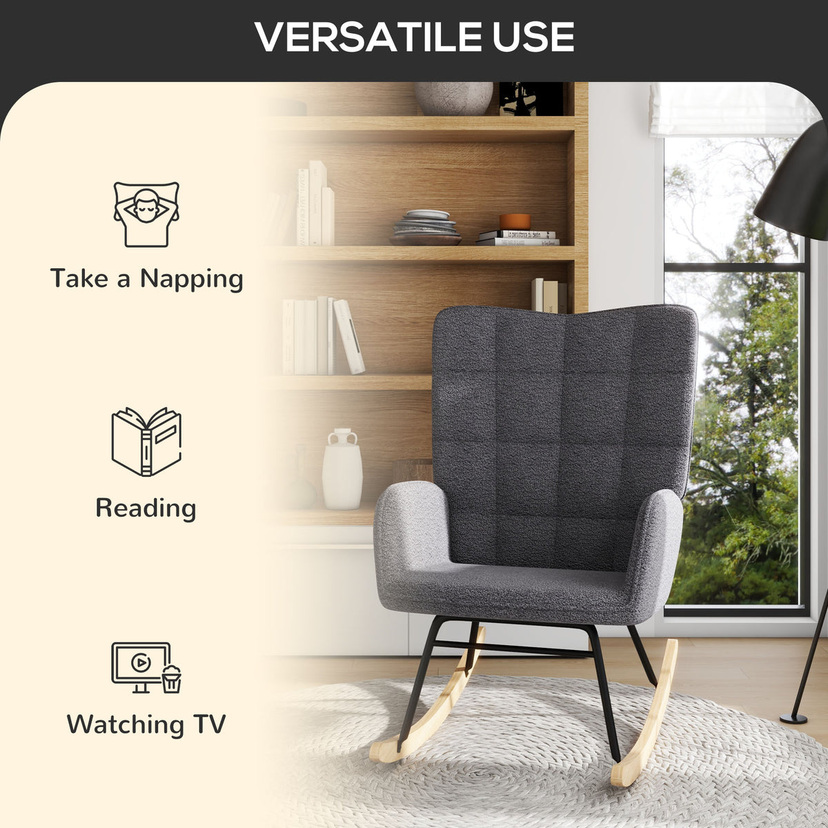 Berber Fleece Nursery Glider Rocker for Nursing, Wingback Rocking Chair for Living Room, Dark Grey