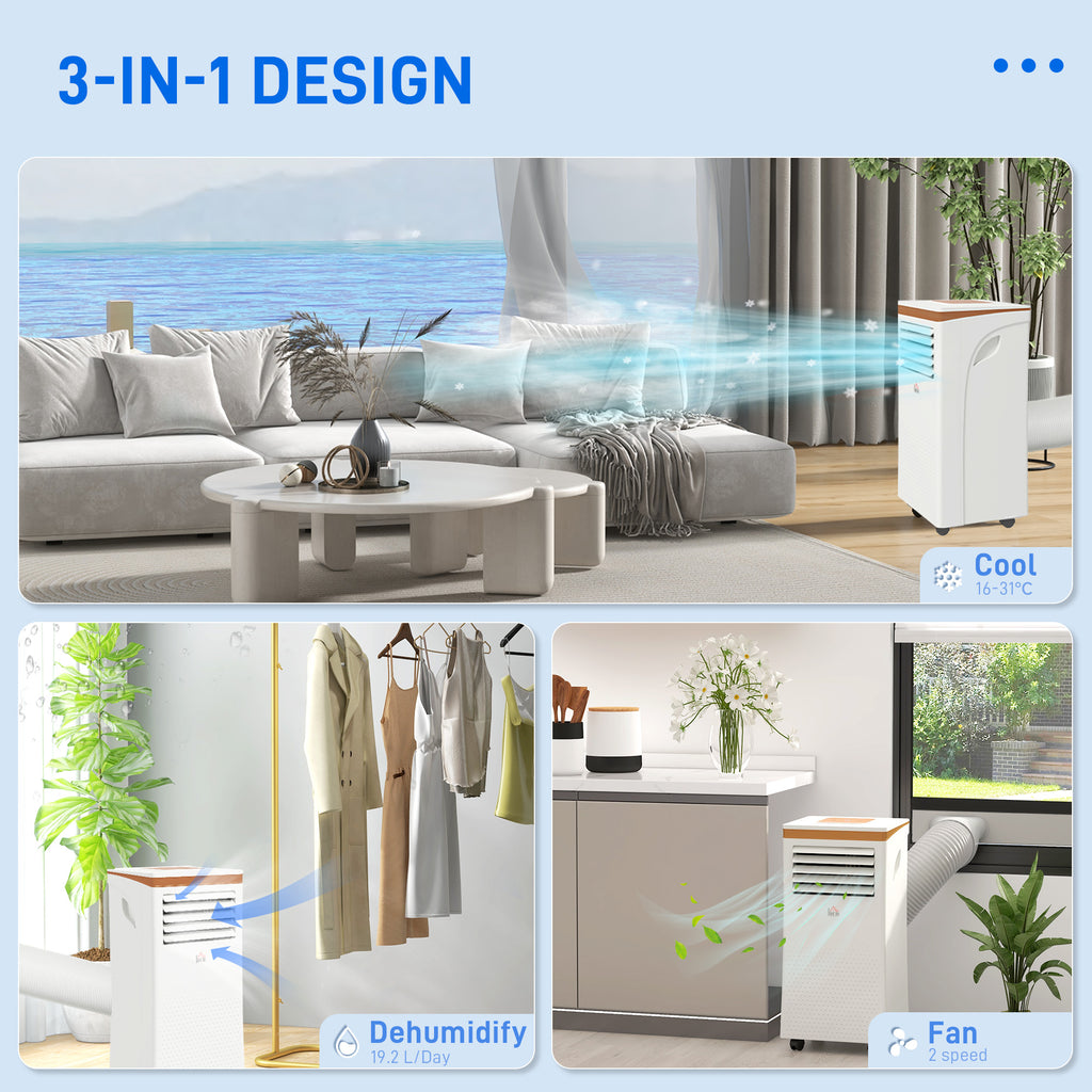 9000 BTU Air Conditioning Unit, 3-in-1 Portable Air Conditioner, Dehumidifier, Cooling Fan with Remote, LED Display, 2 Speeds, 24H Timer, Window Venting Kit, 28m²