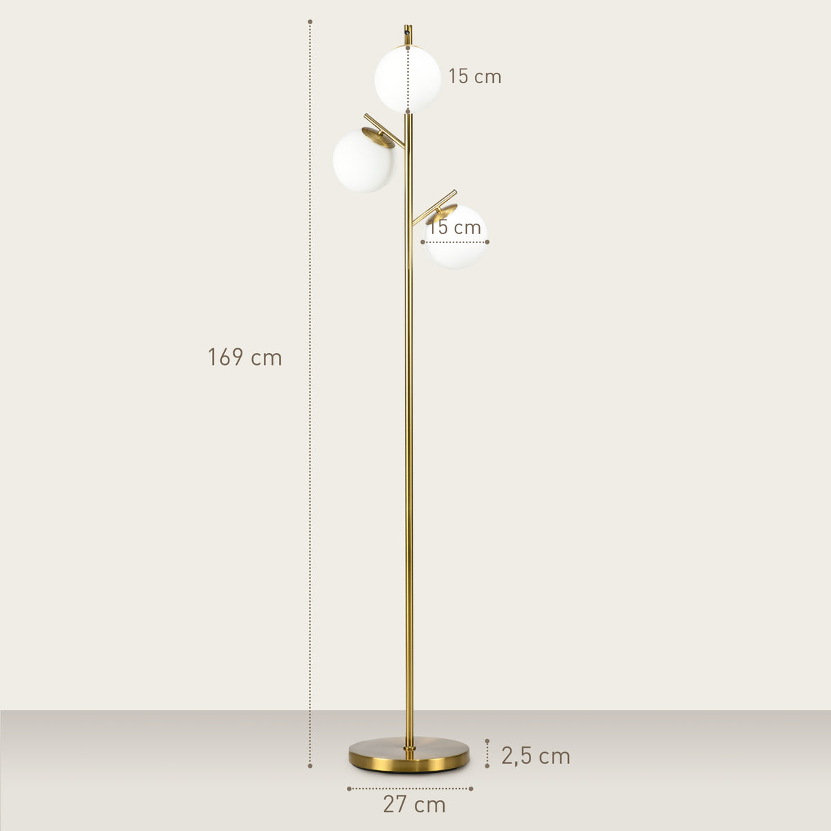 3-Light Tree Floor Lamps for Living Room, Modern Standing Lamp for Bedroom with Globe Lampshade, 3000K/4000K/6000K Colour Temperatures, Steel Base, Gold Tone