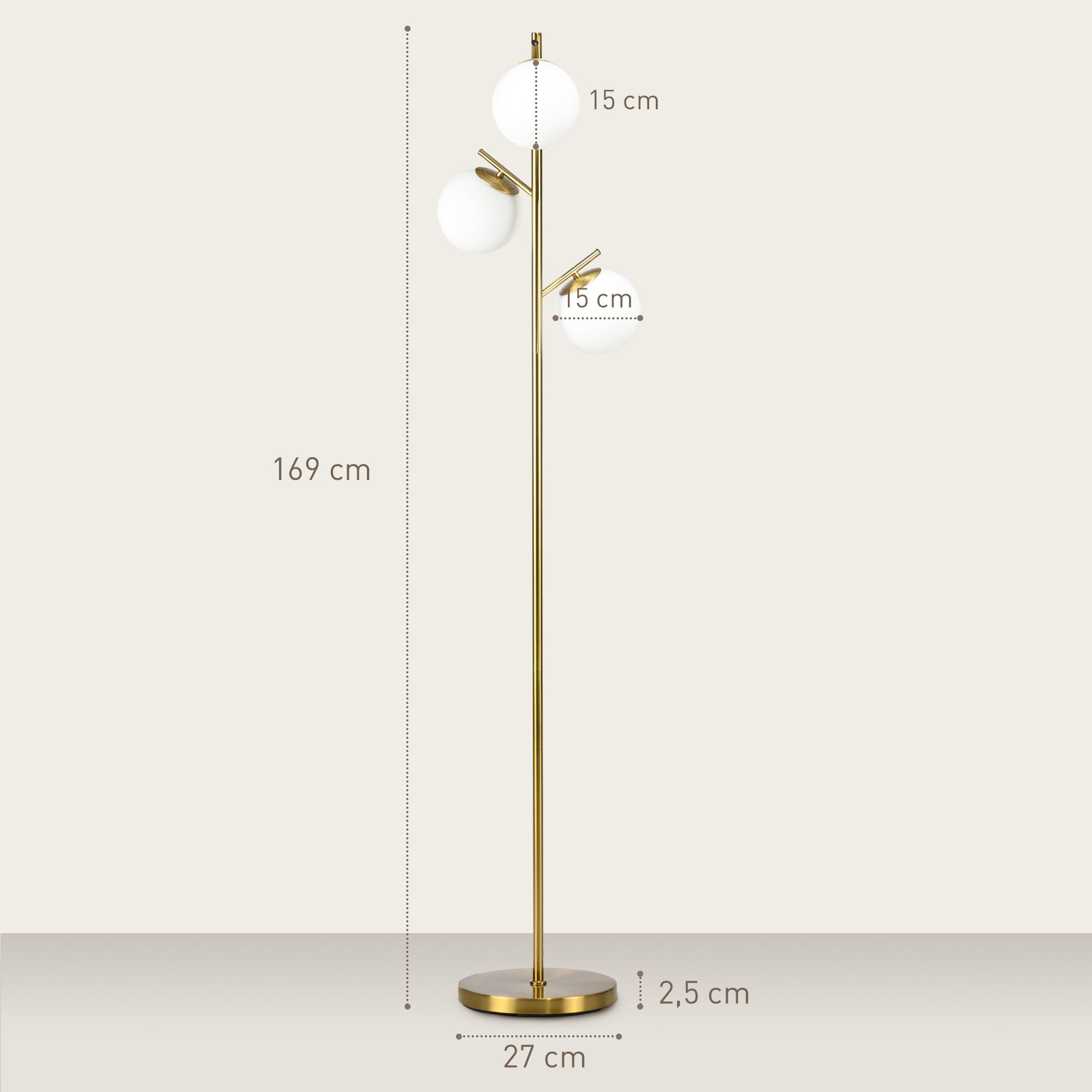 3-Light Tree Floor Lamps for Living Room, Modern Standing Lamp for Bedroom with Globe Lampshade, 3000K/4000K/6000K Colour Temperatures, Steel Base, Gold Tone