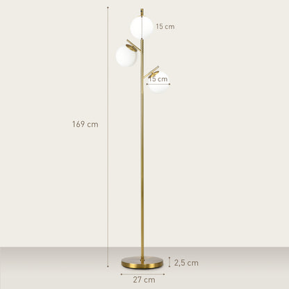 3-Light Tree Floor Lamps for Living Room, Modern Standing Lamp for Bedroom with Globe Lampshade, 3000K/4000K/6000K Colour Temperatures, Steel Base, Gold Tone