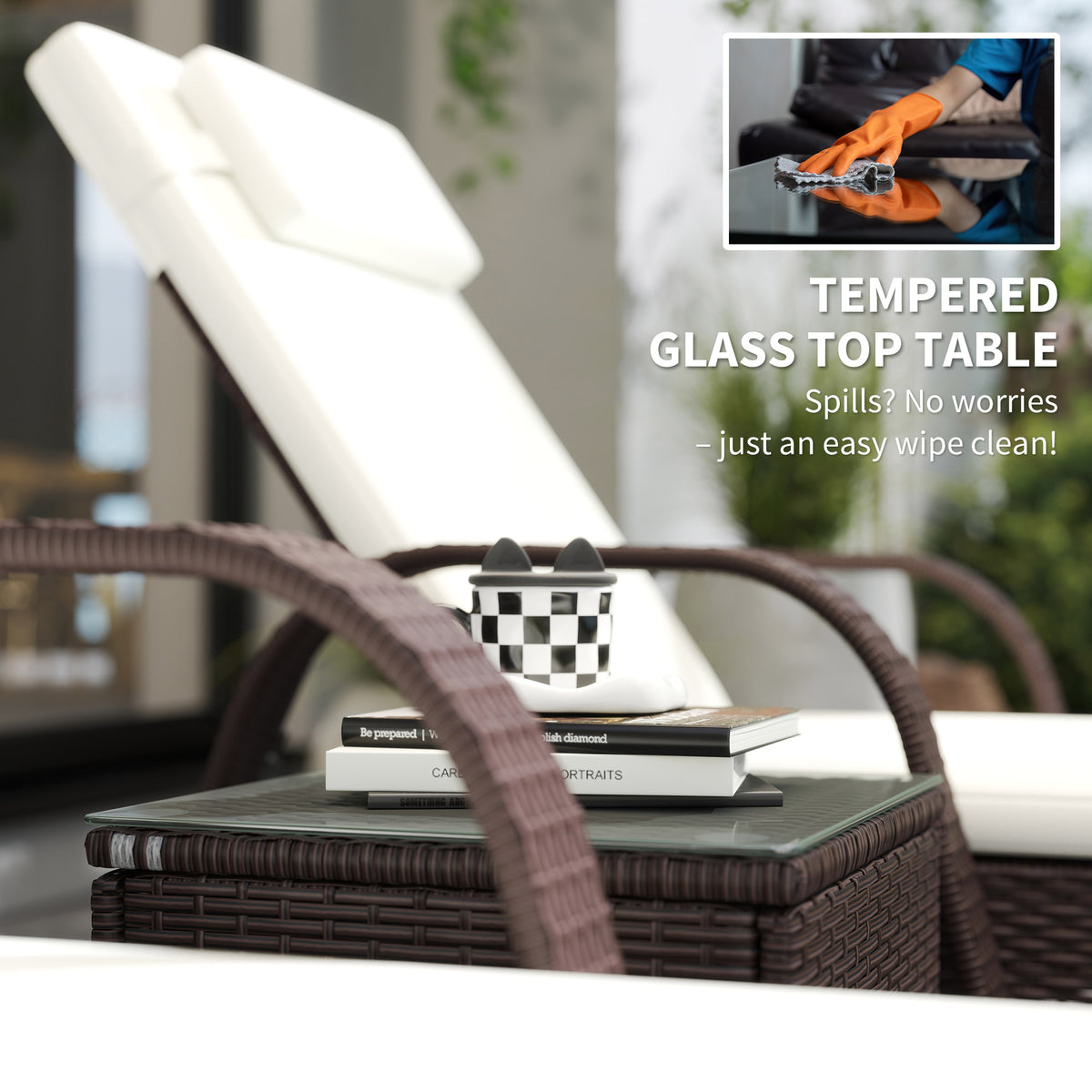 Outsunny Rattan Sun Loungers for Garden Set of 2 with Side Table, Garden Recliner Sunbeds with Adjustable Back, Wheels, Cushions and Headrest, 3 Pieces Garden Furniture Set for Outdoor, Patio, Brown