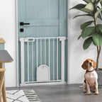 PawHut 75-82cm Pet Safety Gate, Pressure Fit Stair, with Cat Flap, Double Locking, White