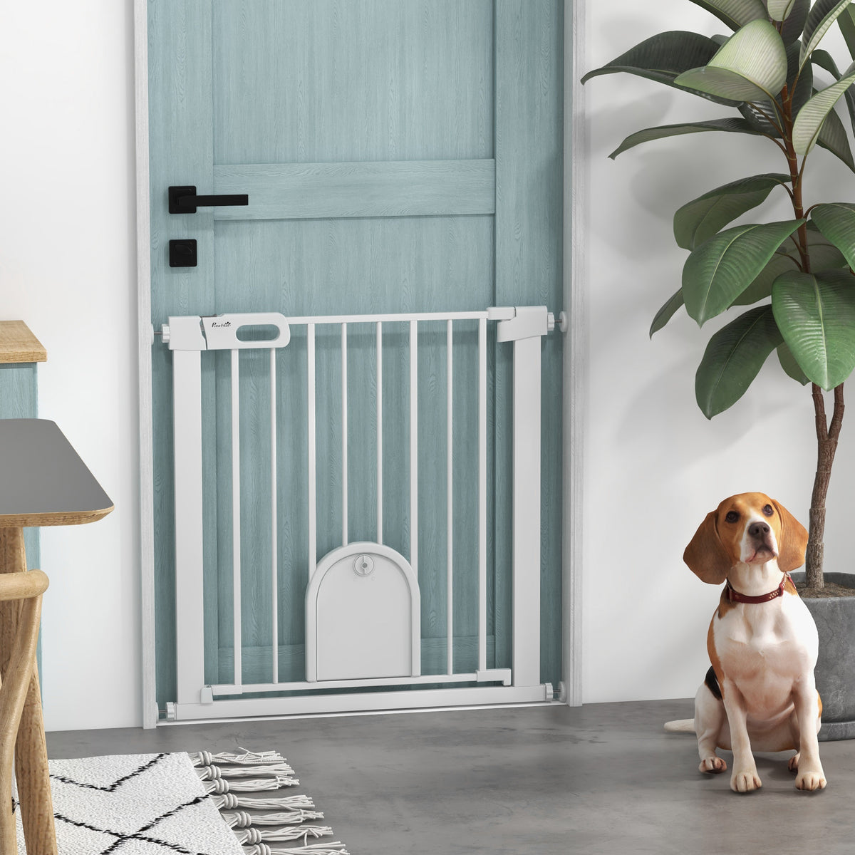 PawHut 75-82cm Pet Safety Gate, Pressure Fit Stair, with Cat Flap, Double Locking, White