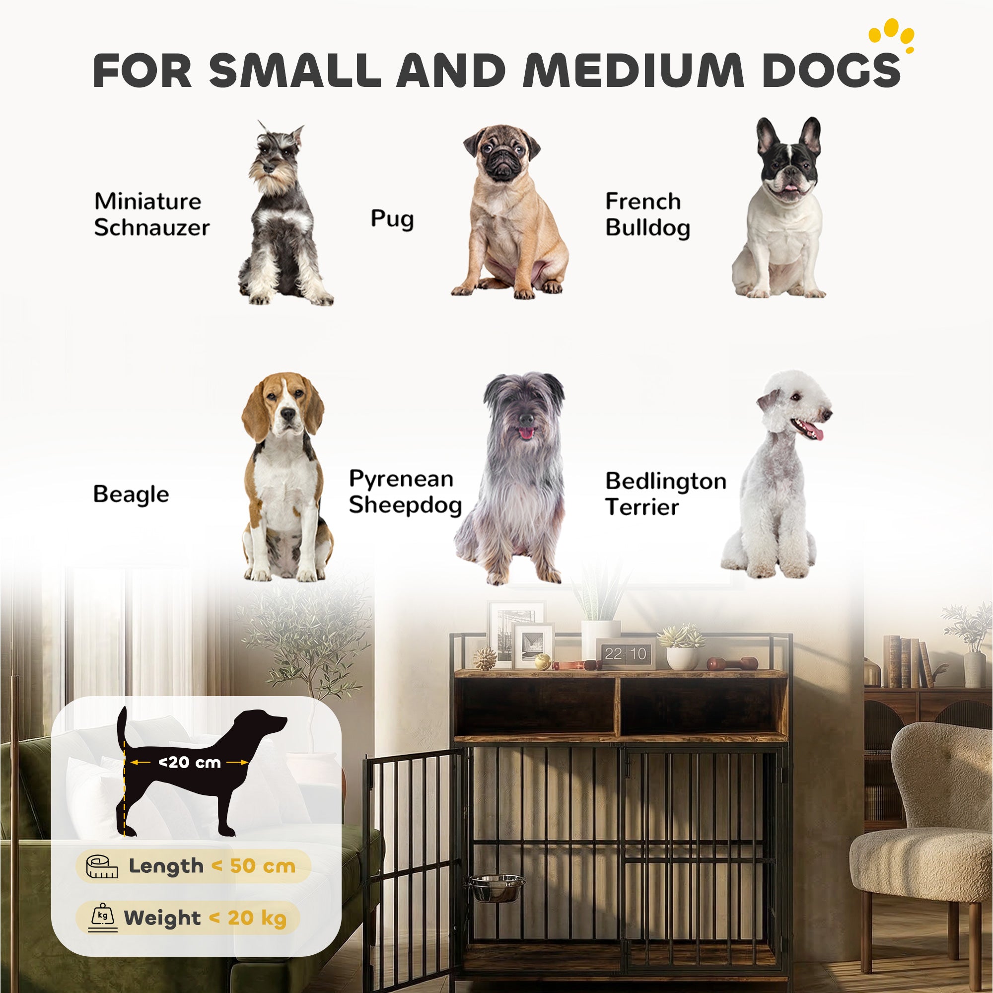 PawHut Dog Crate Furniture, Dog Cage with Rotatable Feeding Station and Storage Shelves, End Side Table Indoor Pet Kenne