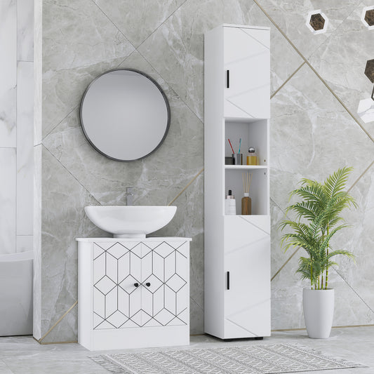kleankin Line Embossed Tall Bathroom Storage Cabinet - White