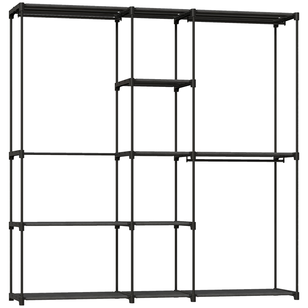 Portable Wardrobe, Open Clothes Wardrobe with 8 Shelves, 3 Hanging Rails, Black