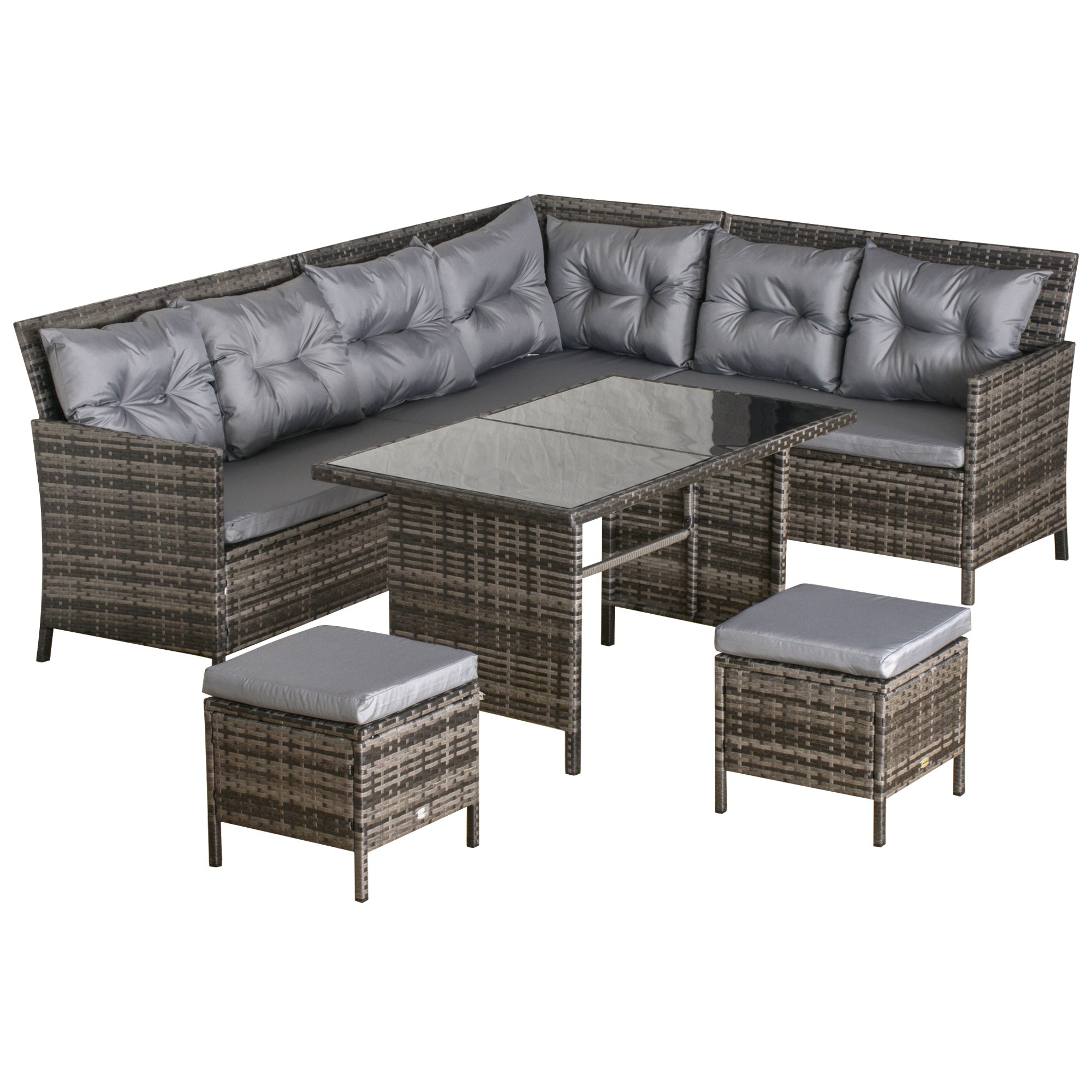 Outsunny 8 Seater Rattan Sofa Set, Rattan Garden Furniture Set with Tempered Glass Table & Thick Cushions, Grey
