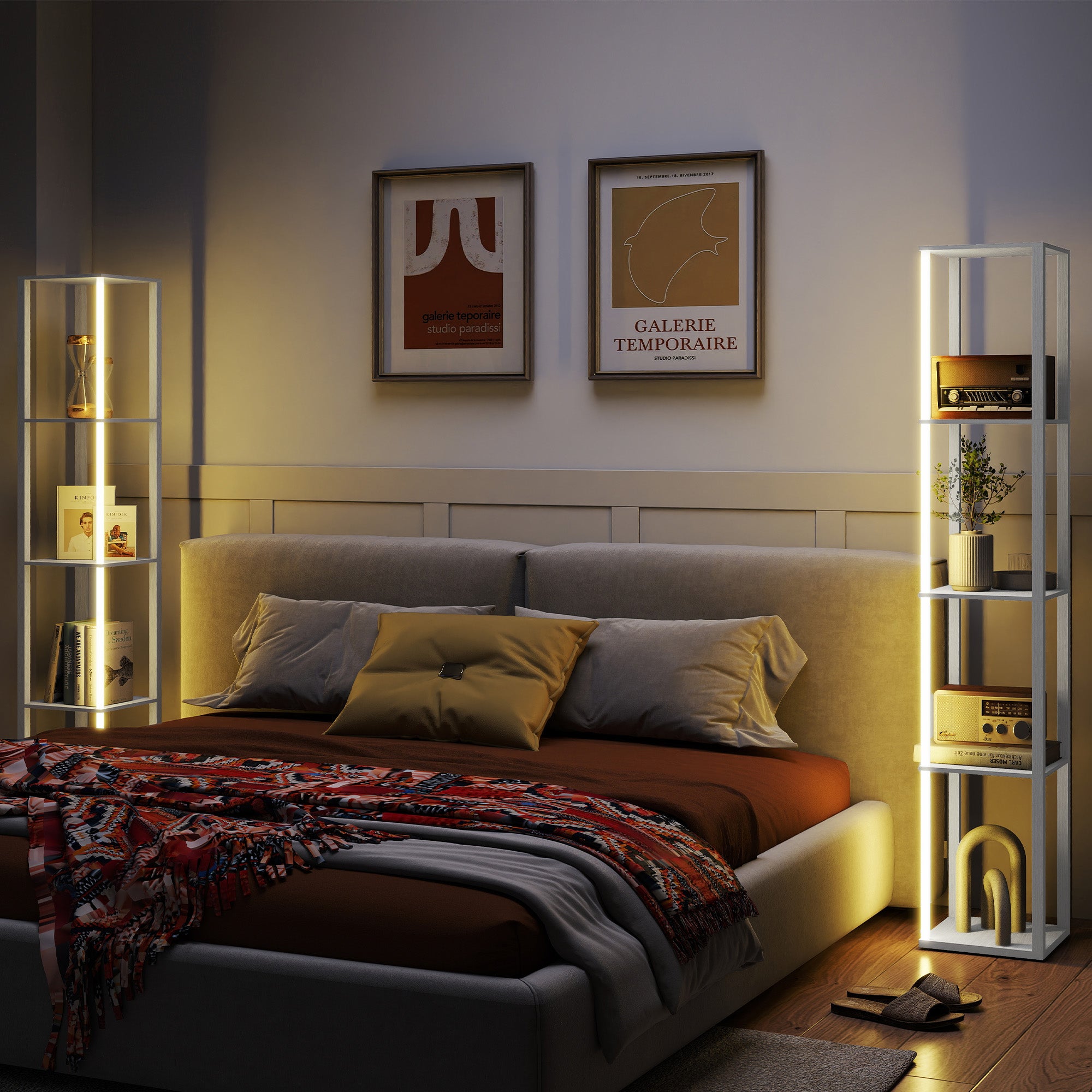 RGB LED Floor Lamp with Shelves, Modern Dimmable Standing Lamp with Remote Control, Adjustable Brightness & Speed for Living Room, Bedroom, Office, Oak