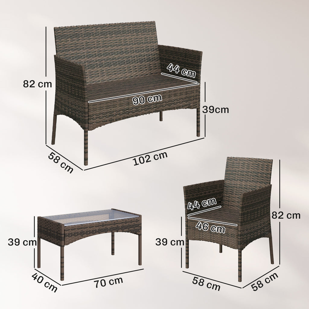 Outsunny 4 Piece Rattan Garden Furniture Sofa Set with Loveseat, Armchairs, Glass-Top Coffee Table and Cushions, Brown