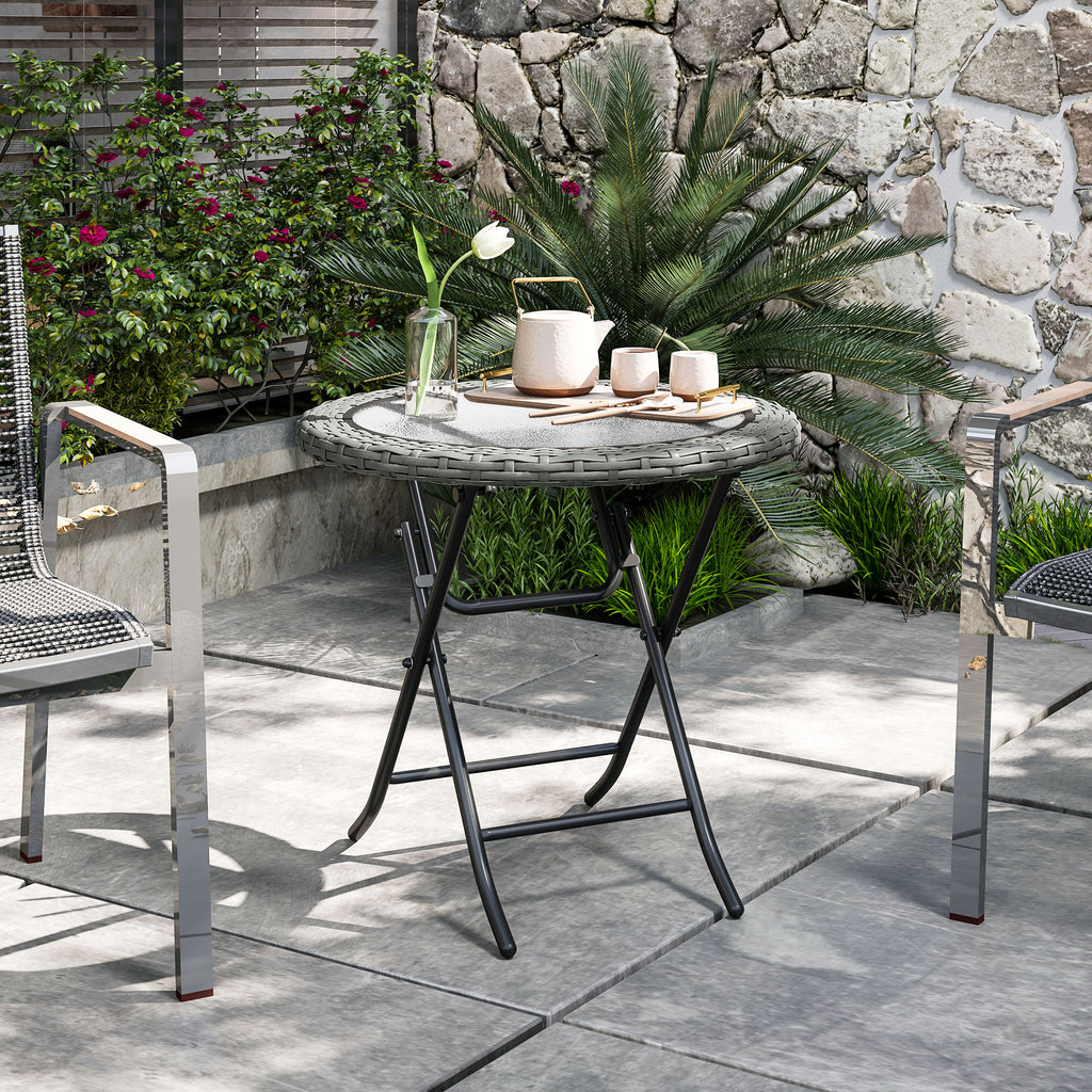 Outsunny Folding Rattan Garden Dining Table, 68 cm Round Rattan Garden Table with Water Ripple Tempered Glass Top, Wicker Edging  and Steel Frame for Outdoor, Patio, Grey