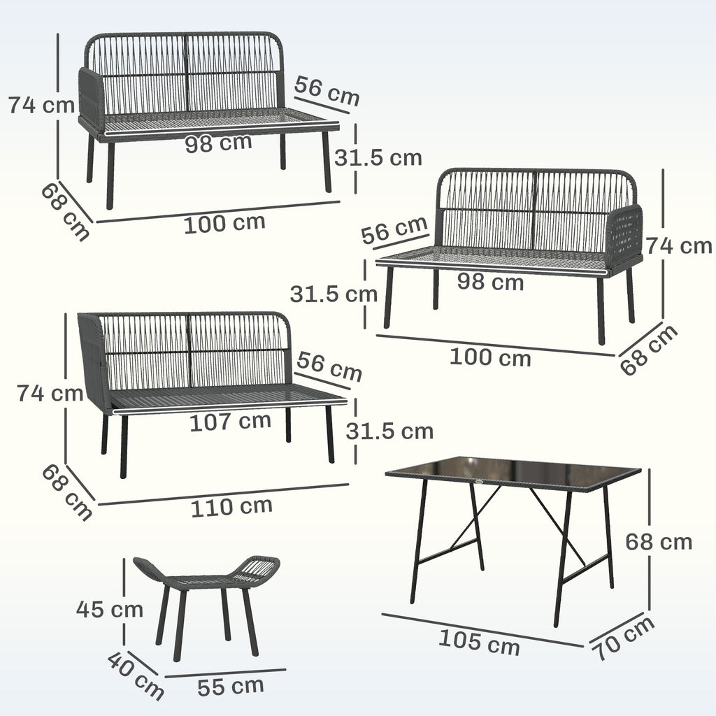 Outsunny 6 Piece Rattan Garden Furniture Set, 8 Seater Garden Corner Sofa with Cushions and Glass Top Table, Orange