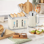 Electric Stainless Steel Kettle and Toaster Set, 3000W 1.7L UK Strix Thermostat Fast Boil Kettle w/ Limescale Filter, Cool Touch Body, 4 Slice Toaster with 7 Browning Levels, Cream White