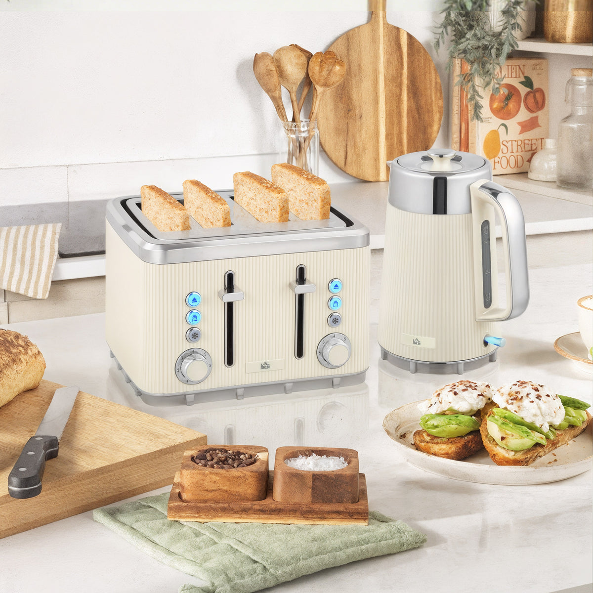 Electric Stainless Steel Kettle and Toaster Set, 3000W 1.7L UK Strix Thermostat Fast Boil Kettle w/ Limescale Filter, Cool Touch Body, 4 Slice Toaster with 7 Browning Levels, Cream White
