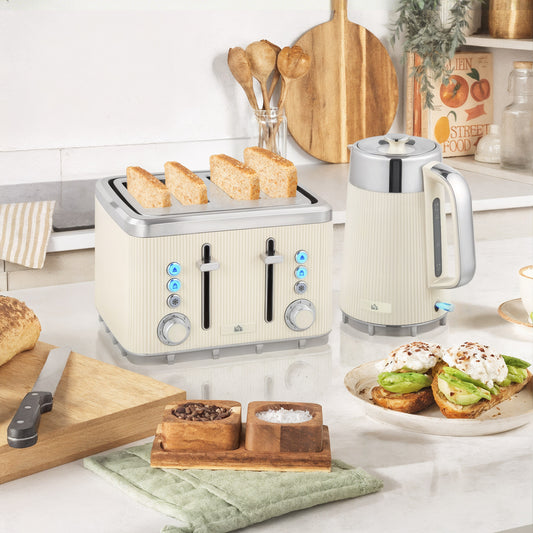 Electric Stainless Steel Kettle and Toaster Set, 3000W 1.7L UK Strix Thermostat Fast Boil Kettle w/ Limescale Filter, Cool Touch Body, 4 Slice Toaster with 7 Browning Levels, Cream White