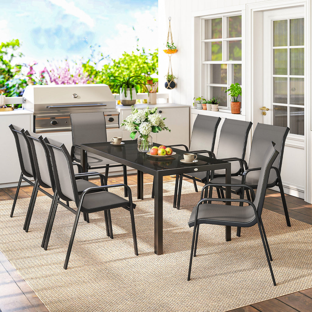 Outsunny 9 Pieces Garden Dining Set, Outdoor Table and Chairs Set for 8, Garden Furniture Set with Tempered Glass Top, Dark Grey