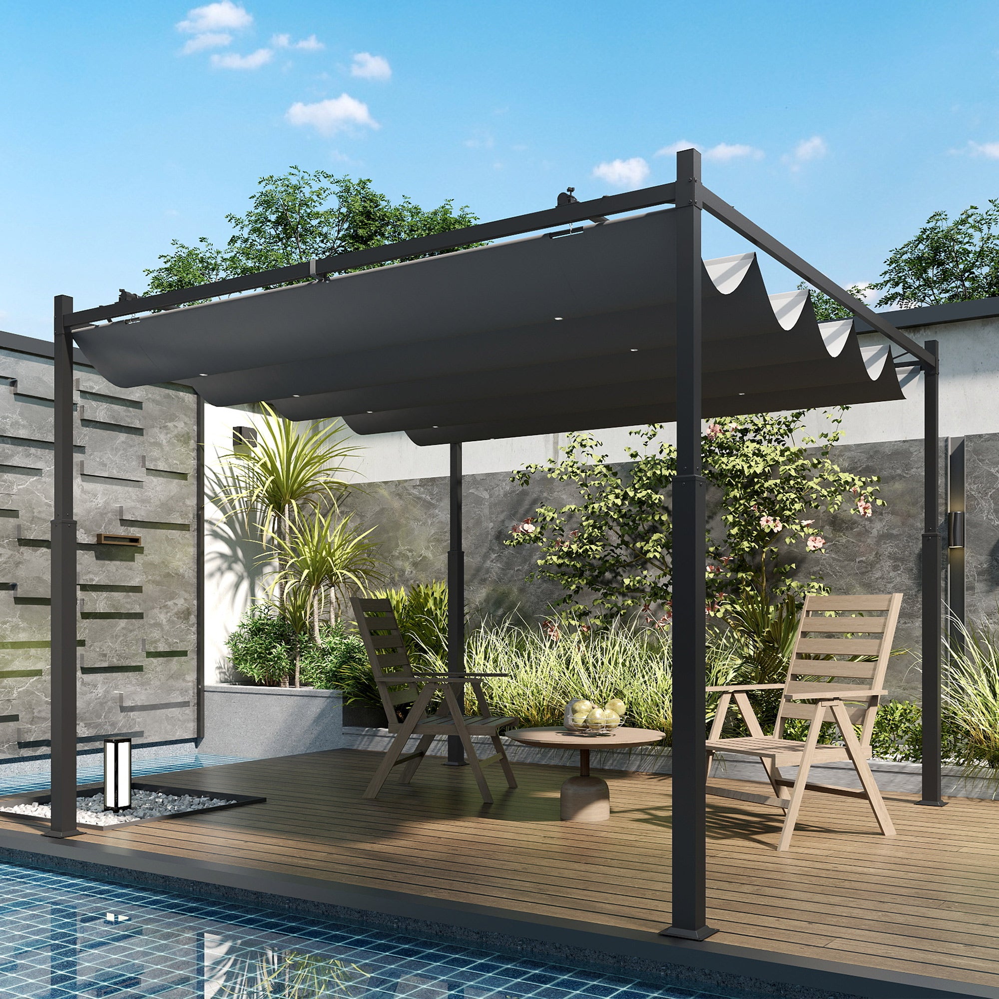 Outsunny 3 x 3(m) Metal Pergola with Retractable Roof and Magnetic Fixture, Outdoor Gazebo Garden Pergola Kit Sun Shade Canopy, UPF30+, 80mm Metal Column, Grey