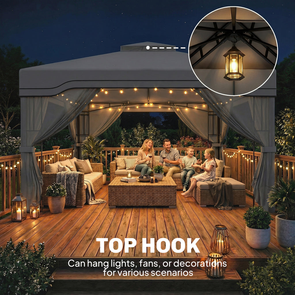 Outsunny 3 x 3.6 m Outdoor Garden Gazebo with Post Shelves, UPF50+ Patio Permanent Pavilion with Hook, Dark Grey