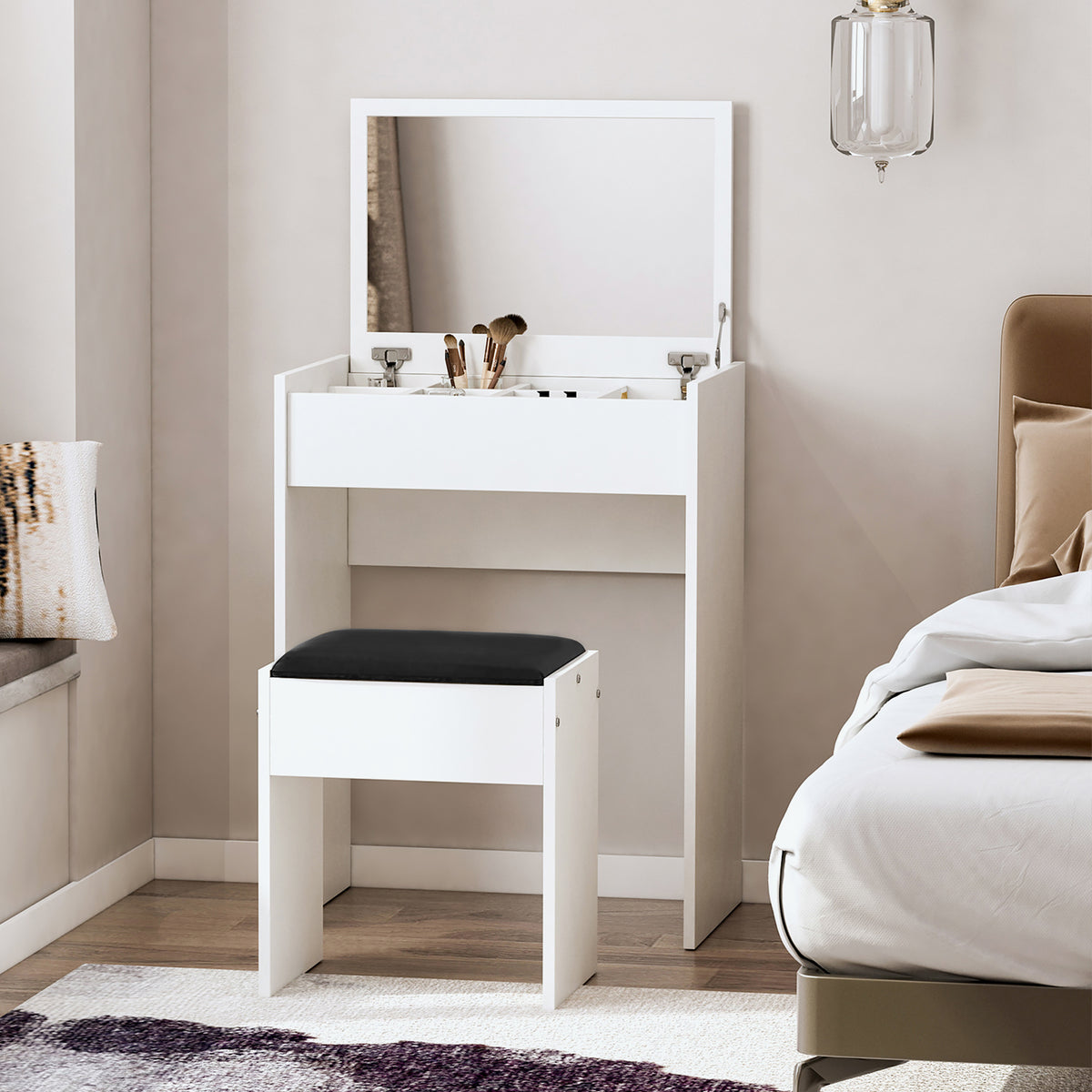 Dressing Table with Mirror and Stool, Vanity Makeup Table with Flip Up Mirror, Vanity Desk with Storage Unit and Padded Seat, White