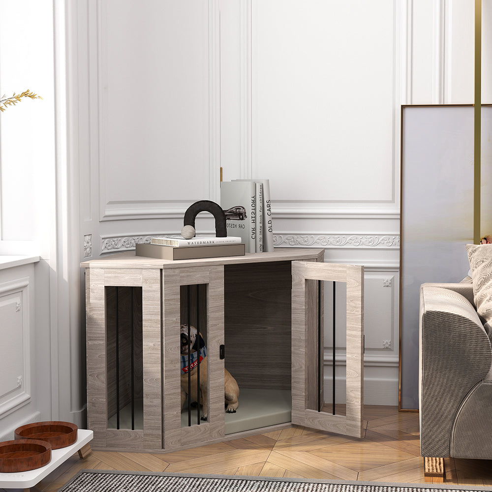 PawHut Dog Crate Furniture Side Table, with Cushion, 104 x 55 x 63cm - Walnut Brown