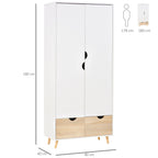 2-Door Clothes Wardrobe w/ Rail Shelf 2 Drawers Wood Feet Elegant Home Storage Organisation Furniture, White