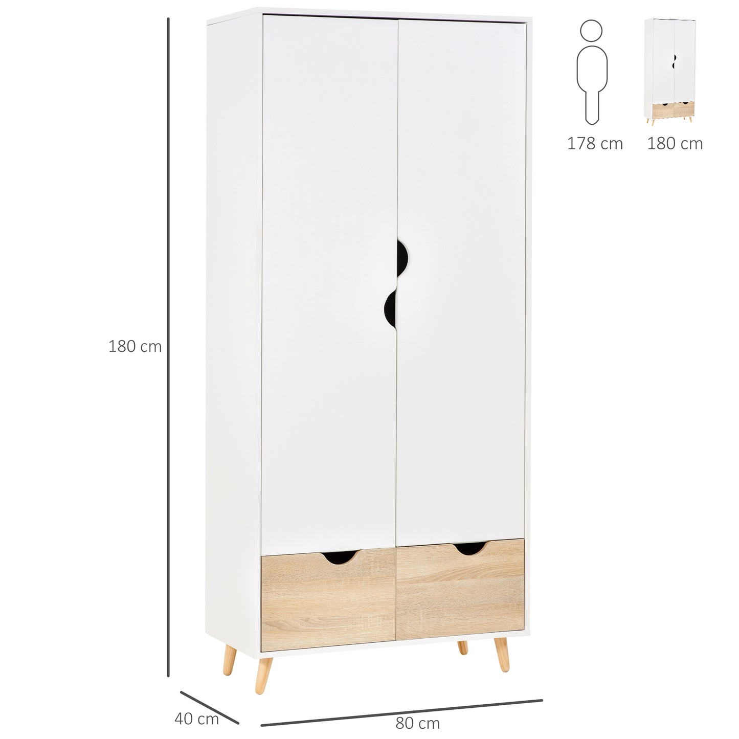 2-Door Clothes Wardrobe w/ Rail Shelf 2 Drawers Wood Feet Elegant Home Storage Organisation Furniture, White