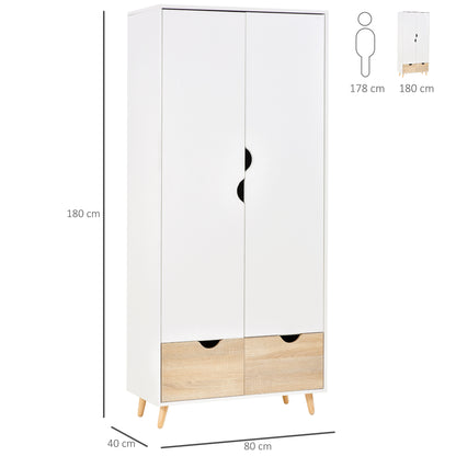 2-Door Clothes Wardrobe w/ Rail Shelf 2 Drawers Wood Feet Elegant Home Storage Organisation Furniture, White