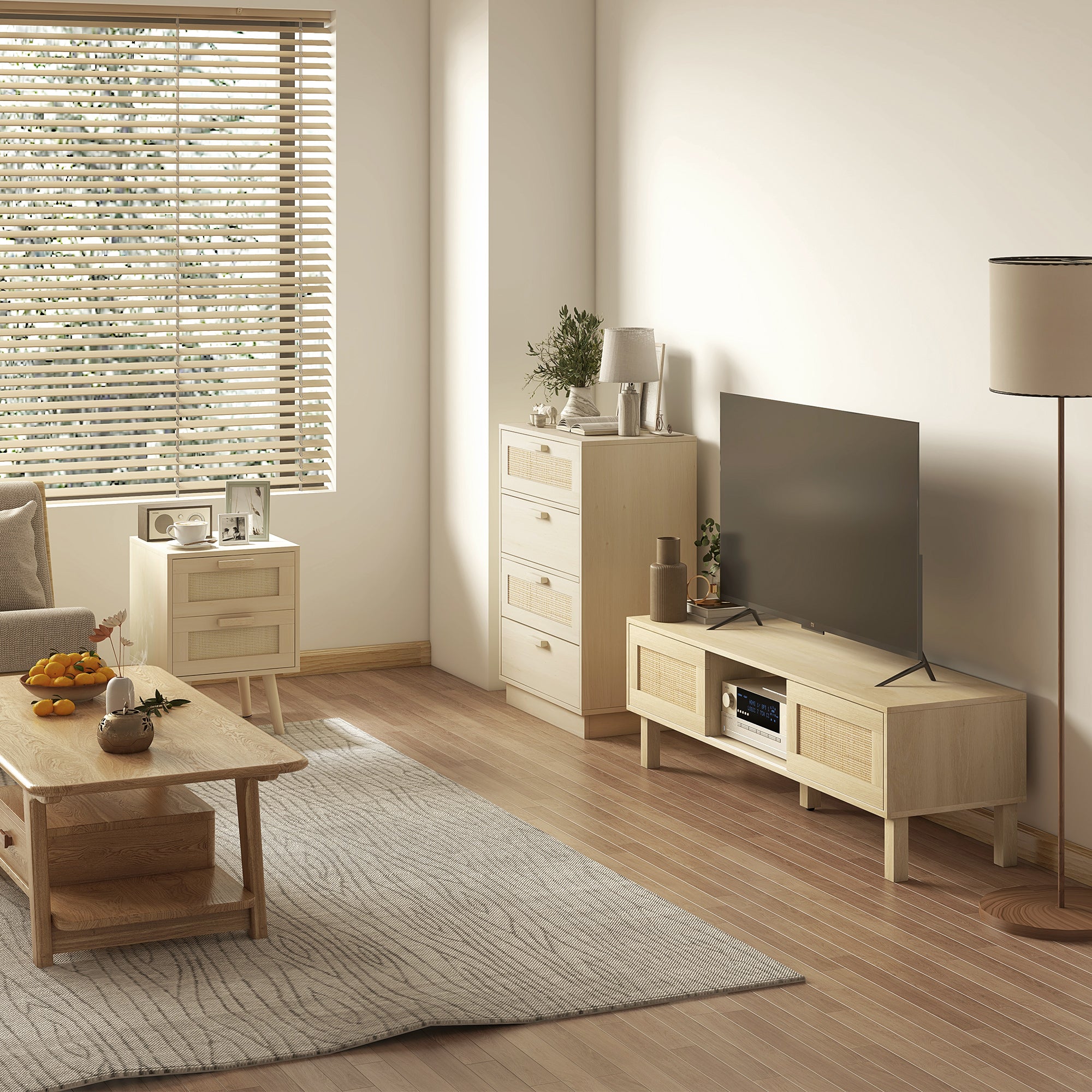 HOMCOM Chest of Four Rattan Weave Panel Drawers - Wood-Effect