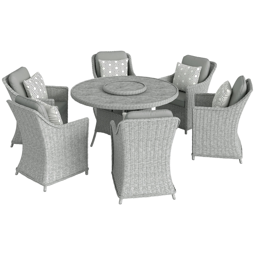 Outsunny Rattan Dining Set with Turntable, Marble Effect Glass Table and 6 Armchairs, Aluminium Frame, Grey