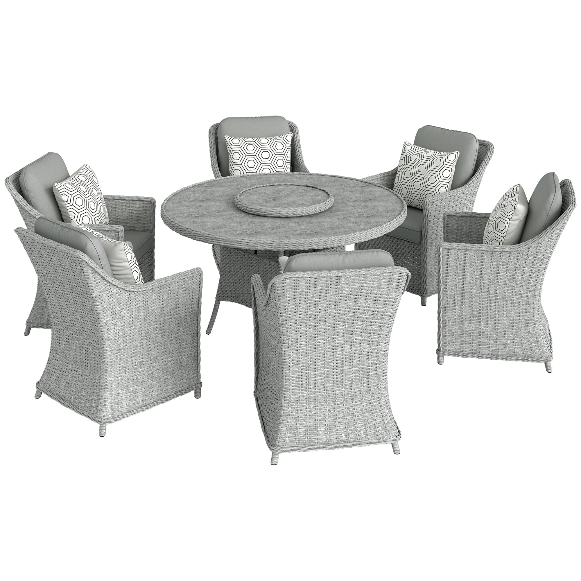 Outsunny Rattan Dining Set with Turntable, Marble Effect Glass Table and 6 Armchairs, Aluminium Frame, Grey