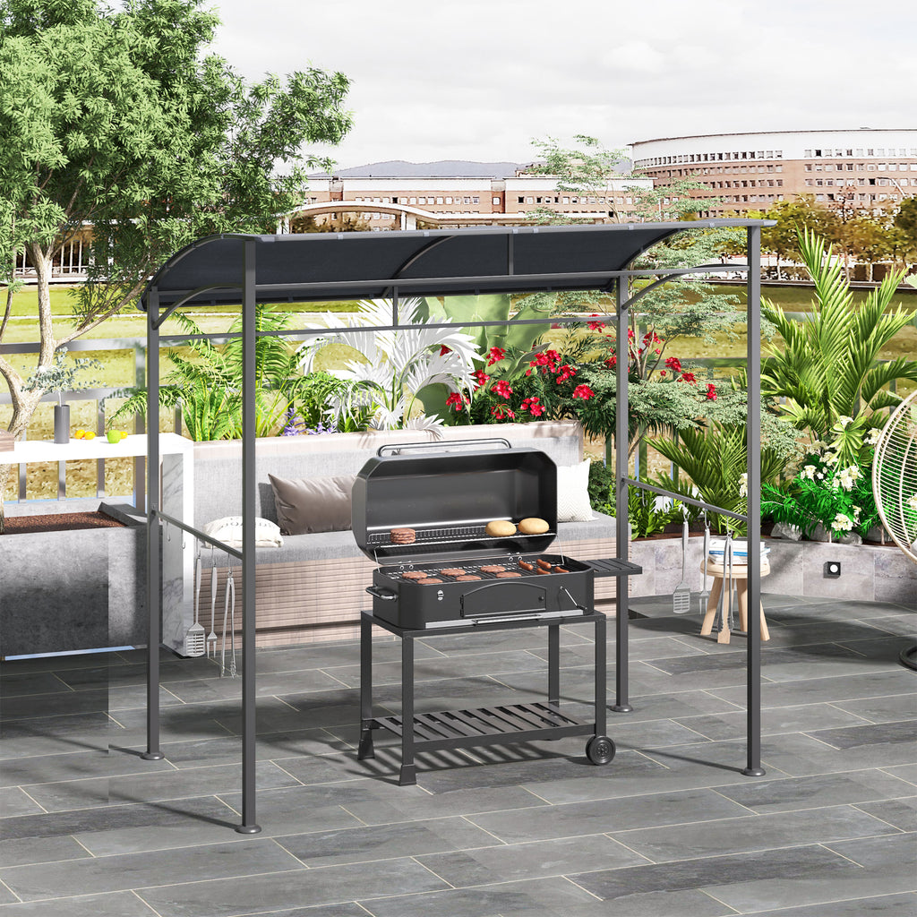 Outsunny 2.2 x 1.5 m BBQ Grill Gazebo Tent, Garden Grill with Metal Frame, Curved Canopy and 10 Hooks, Outdoor Sun Shade, Grey