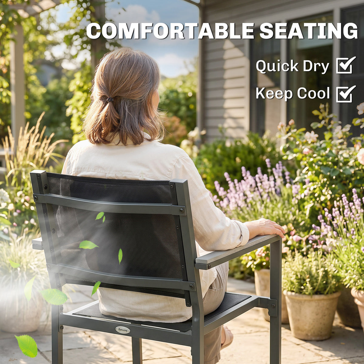 Outsunny Garden Dining Set with Acacia Wood Table Top, Outdoor Table and Stackable Chairs Set for 6 with Texteline Seat, for Patio, Conservatory, Terrace, Grey