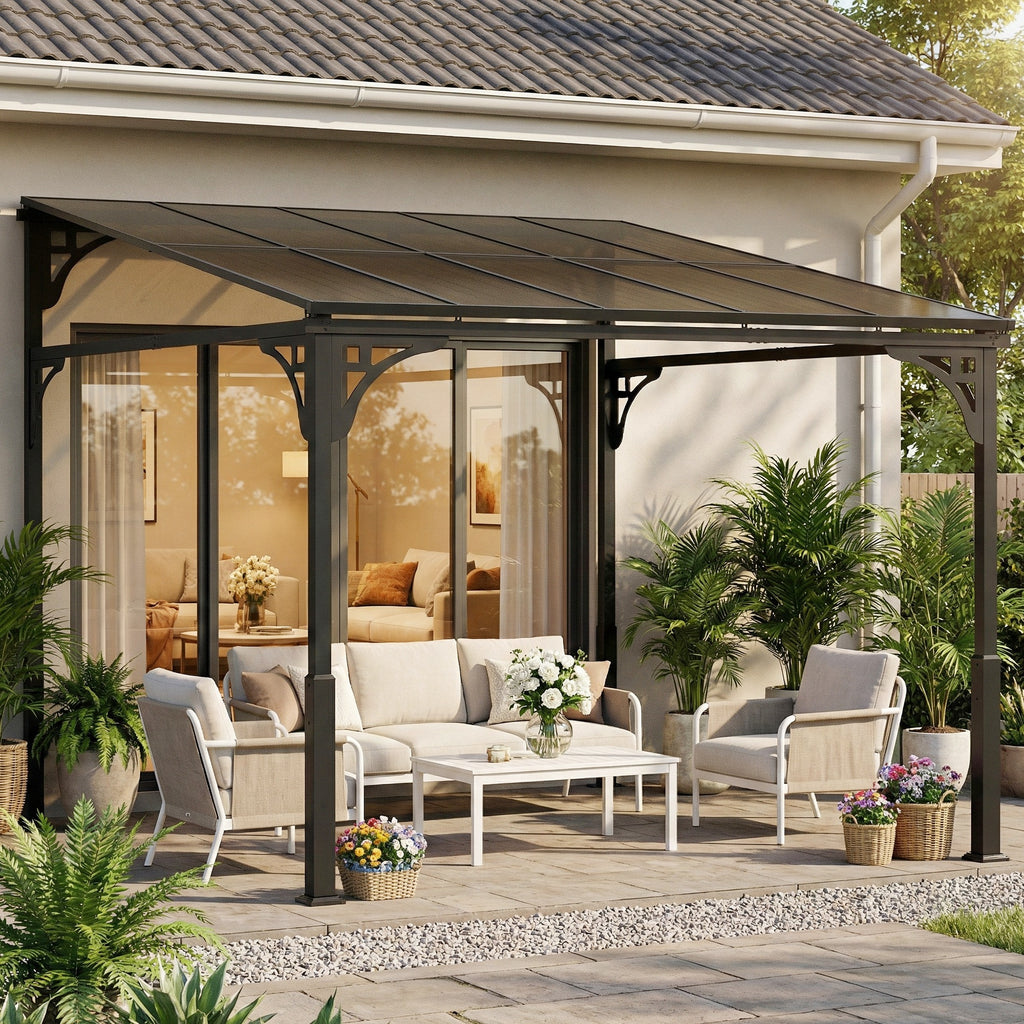 Outsunny 3 x 2.87 m Metal Lean-to Pergola, Wall-Mounted Hardtop Garden Pergola with Polycarbonate Roof and Metal-Aluminium Frame