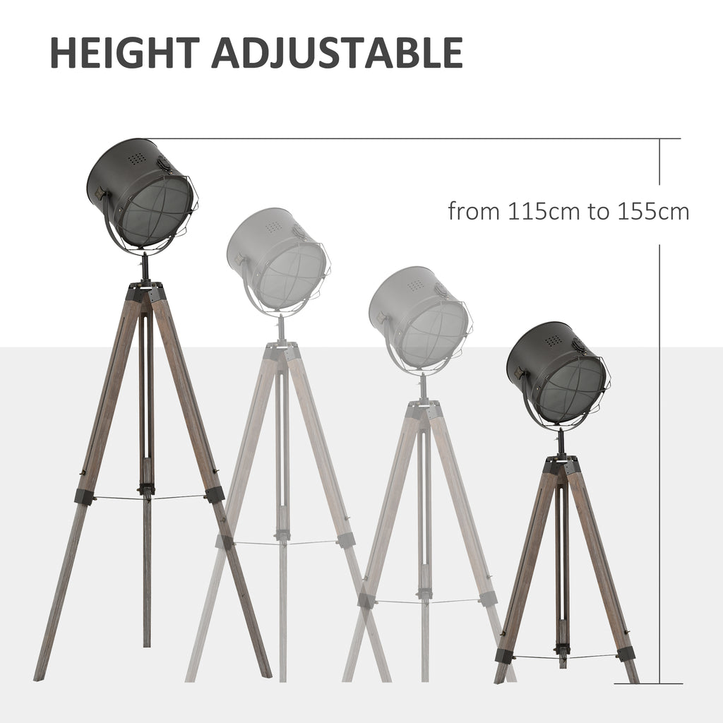 Floor Lamp with Adjustable Tripod for Living Room Bedroom, Vintage Spotlight Reading Lamp with Wood Legs, 115-155cm, Grey