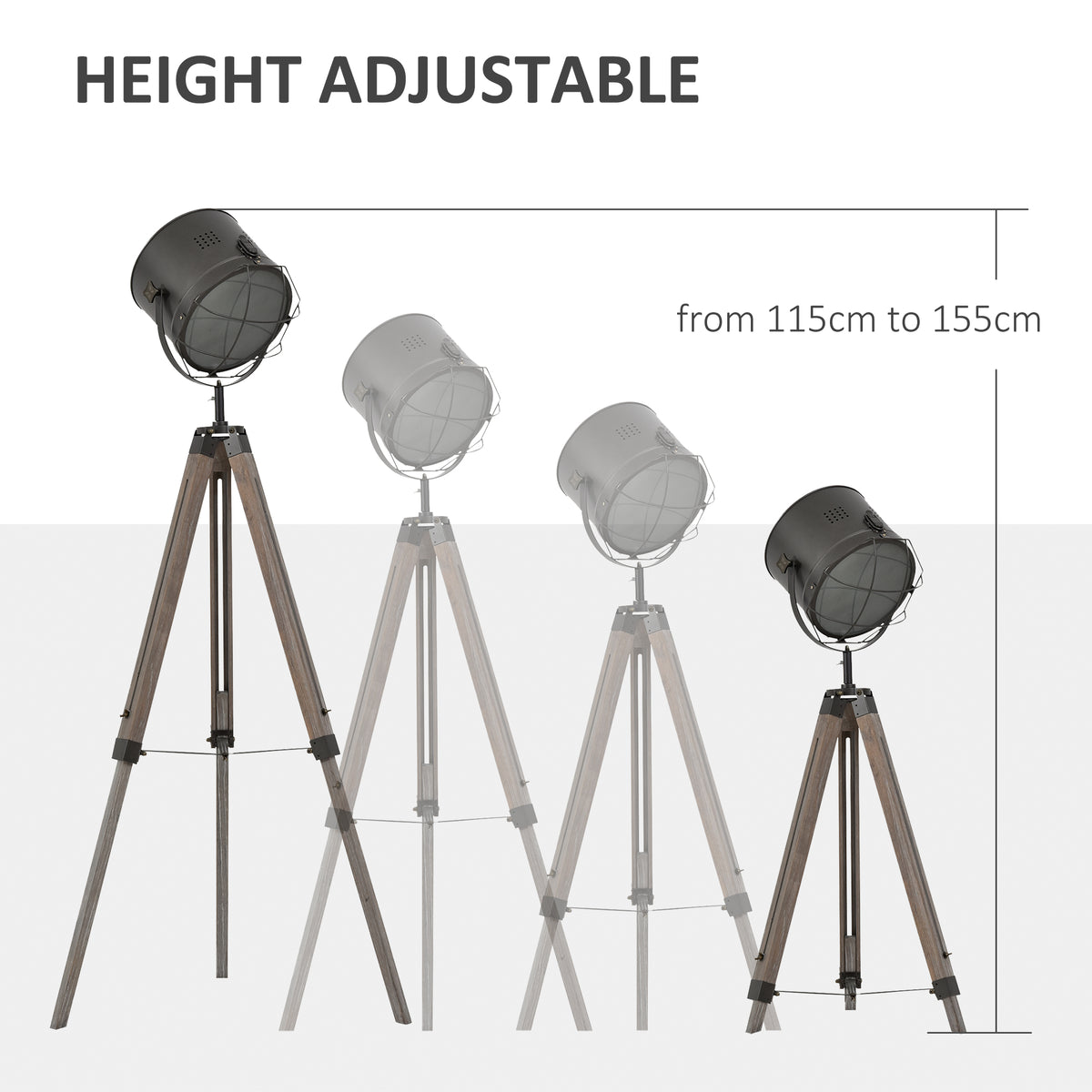 Floor Lamp with Adjustable Tripod for Living Room Bedroom, Vintage Spotlight Reading Lamp with Wood Legs, 115-155cm, Grey